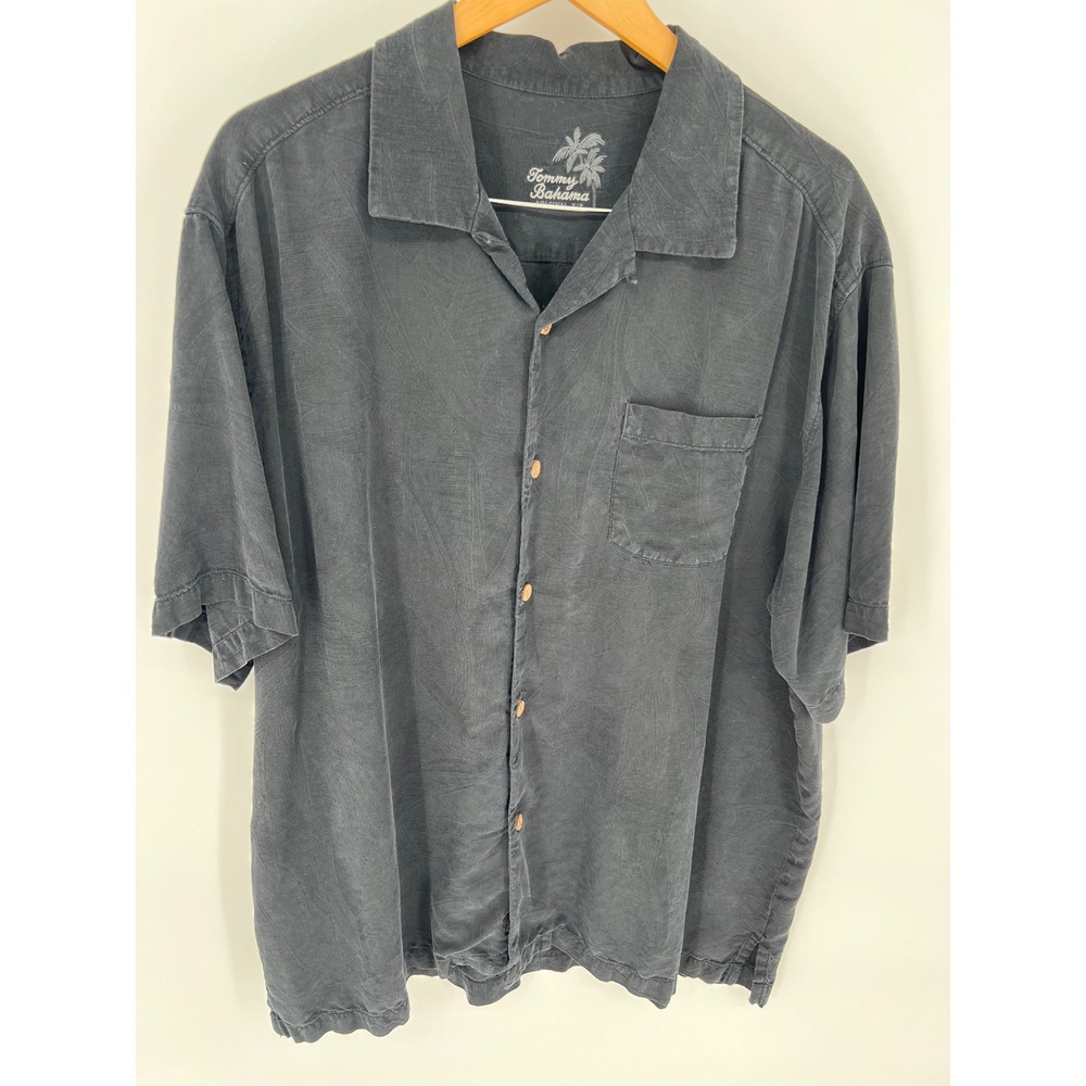 TOMMY BAHAMA Silk Shirt Mens XL Black Palm Jacquard Original Fit Short Sleeve